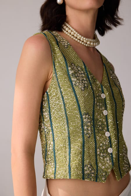 Verb By Pallavi Singhee_Green Viscose, Georgette Sequins, Embroidery V-neck Bandhani Print Vest_Online_at_Aza_Fashions
