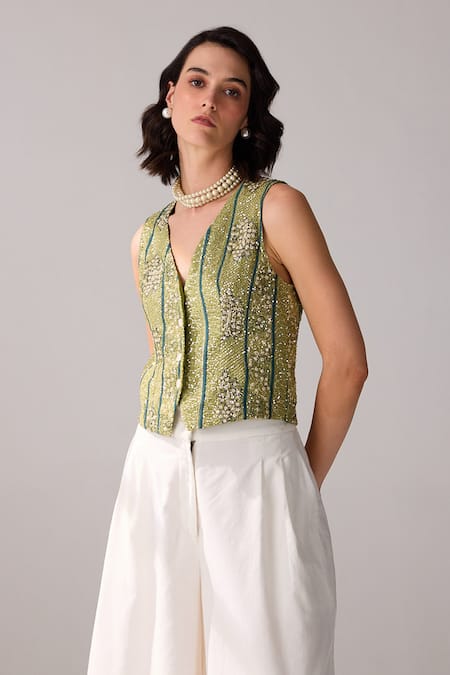 Buy_Verb By Pallavi Singhee_Green Viscose, Georgette Sequins, Embroidery V-neck Bandhani Print Vest_Online_at_Aza_Fashions