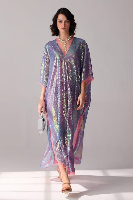 Verb by Pallavi Singhee Purple Tulle Embellished Sequins V Neck Kaftan 