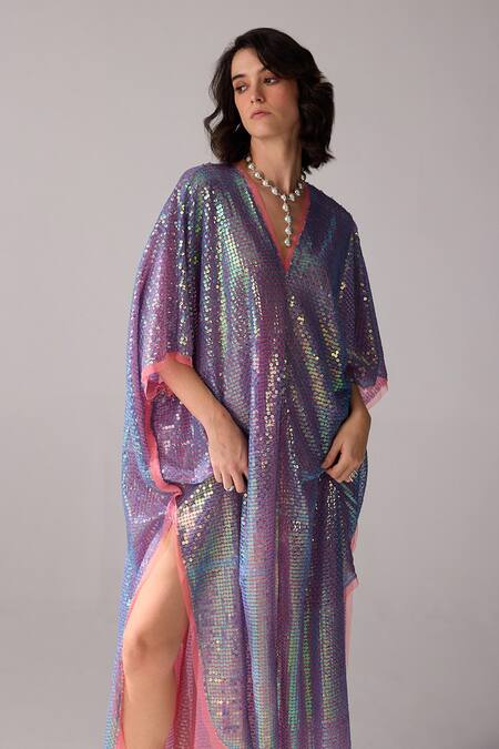 Shop Verb By Pallavi Singhee Purple Tulle Sequins V-neck Embellished Kaftan Online at Aza Fashions Shop_Verb By Pallavi Singhee_Purple Tulle Sequins V-neck Embellished Kaftan_Online_at_Aza_Fashions