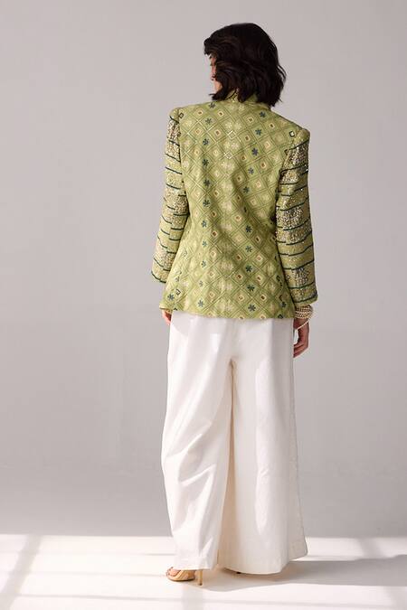 Shop Verb By Pallavi Singhee Green Viscose, Georgette Sequins, Embroidery Open Neck Patola Print Jacket at Aza Fashions Shop_Verb By Pallavi Singhee_Green Viscose, Georgette Sequins, Embroidery Open Neck Patola Print Jacket_at_Aza_Fashions
