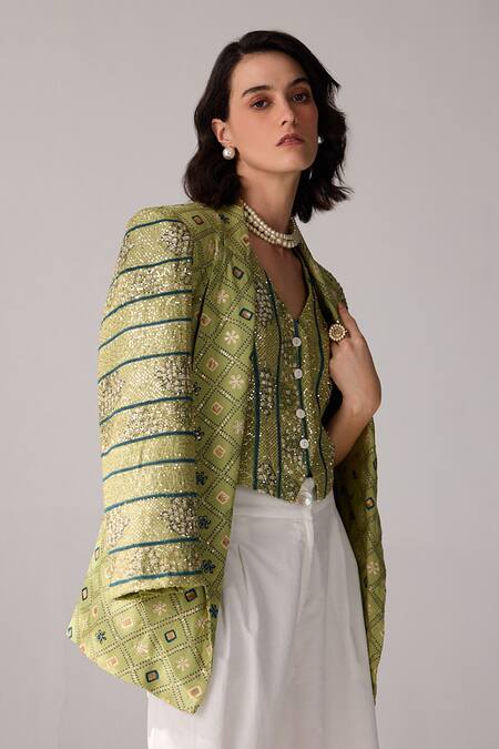 Verb By Pallavi Singhee Green Viscose, Georgette Sequins, Embroidery Open Neck Patola Print Jacket Online at Aza Fashions Verb By Pallavi Singhee_Green Viscose, Georgette Sequins, Embroidery Open Neck Patola Print Jacket_Online_at_Aza_Fashions