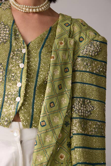 Buy Verb By Pallavi Singhee Green Viscose, Georgette Sequins, Embroidery Open Neck Patola Print Jacket Online at Aza Fashions Buy_Verb By Pallavi Singhee_Green Viscose, Georgette Sequins, Embroidery Open Neck Patola Print Jacket_Online_at_Aza_Fashions