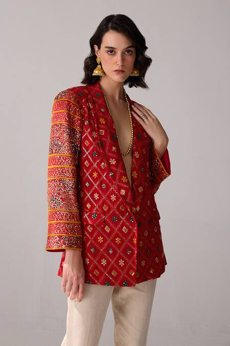 Verb By Pallavi Singhee_Red Viscose, Georgette Sequins, Embroidery Collared Floral Patola Print Jacket_Online_at_Aza_Fashions