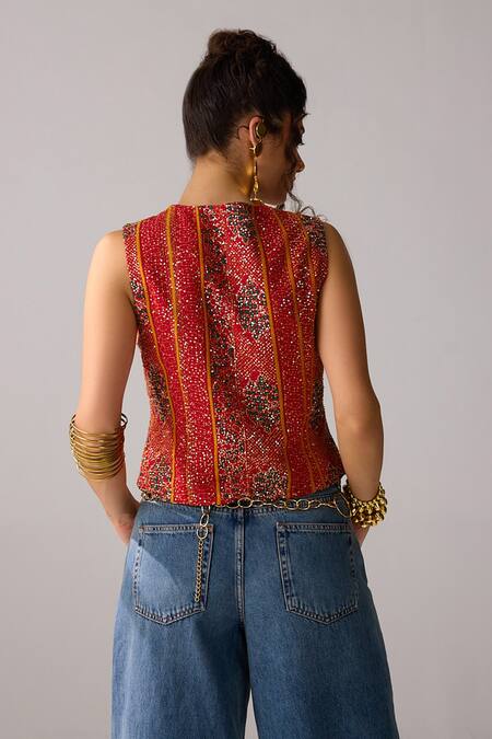 Shop Verb By Pallavi Singhee Red Viscose, Georgette V-neck Sleeveless Bandhani Print Vest at Aza Fashions Shop_Verb By Pallavi Singhee_Red Viscose, Georgette V-neck Sleeveless Bandhani Print Vest_at_Aza_Fashions