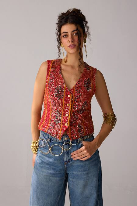 Buy Verb By Pallavi Singhee Red Viscose, Georgette V-neck Sleeveless Bandhani Print Vest Online at Aza Fashions Buy_Verb By Pallavi Singhee_Red Viscose, Georgette V-neck Sleeveless Bandhani Print Vest_Online_at_Aza_Fashions