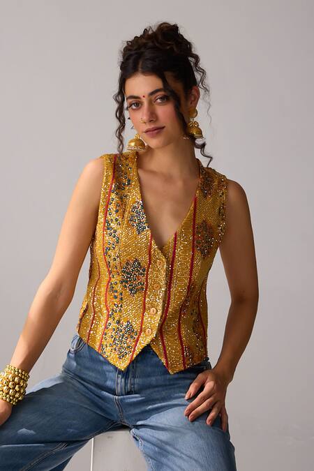 Buy_Verb By Pallavi Singhee_Yellow Viscose, Georgette V-neck Bandhani Print Sleeveless Vest_Online_at_Aza_Fashions