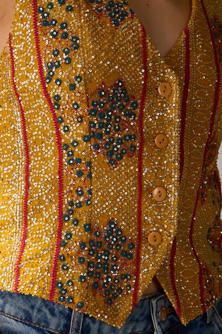 Shop_Verb By Pallavi Singhee_Yellow Viscose, Georgette V-neck Bandhani Print Sleeveless Vest_Online_at_Aza_Fashions