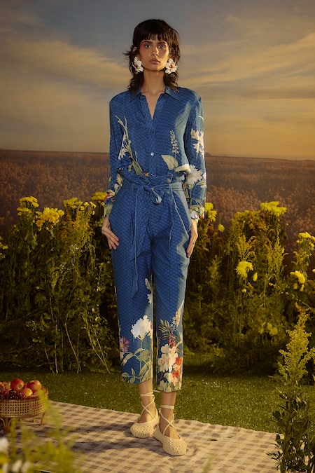 Nirmooha Blue Denim Printed Botanical Collared Floral Fusion Shirt With Pant 