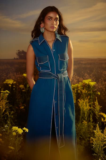 Buy Nirmooha Blue Denim Metro Classic Trench Coat Set Online at Aza Fashions Buy_Nirmooha_Blue Denim Metro Classic Trench Coat Set _Online_at_Aza_Fashions