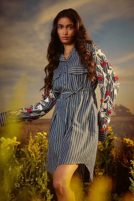 Nirmooha_Blue Denim Applique, Beads Collared Blossom Belle Stripe Printed Shirt Dress _Online_at_Aza_Fashions