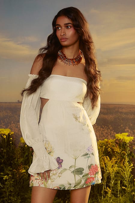 Nirmooha_White Muslin, Cotton Off-shoulder Textured Muse Printed Dress _Online_at_Aza_Fashions