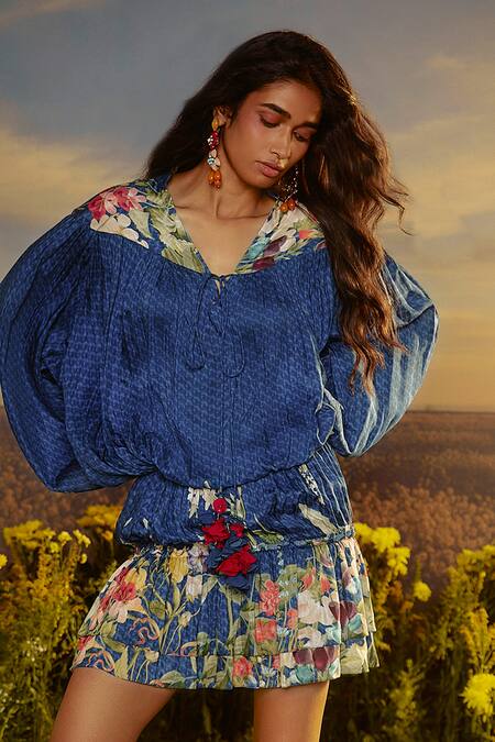 Nirmooha_Blue Muslin, Cotton Off-shoulder Floral Whisper Printed Dress _Online_at_Aza_Fashions