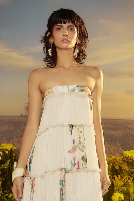 Nirmooha White Chiffon Embroidery Off-shoulder Three-tiered Printed Dress Online at Aza Fashions Nirmooha_White Chiffon Embroidery Off-shoulder Three-tiered Printed Dress _Online_at_Aza_Fashions
