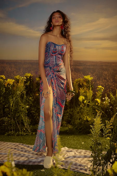 Buy_Nirmooha_Multi Color Muslin, Cotton Embroidery, Beads Corset Grace Printed Dress _Online_at_Aza_Fashions