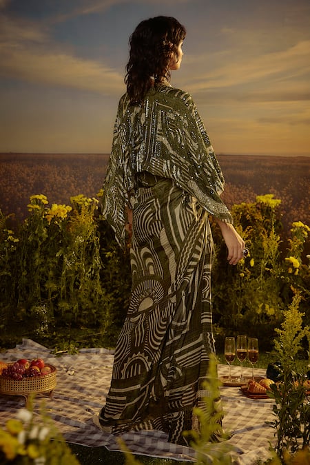 Shop_Nirmooha_Multi Color Muslin, Cotton Geometric Print Maxi Dress With Embroidered Sleeves _at_Aza_Fashions