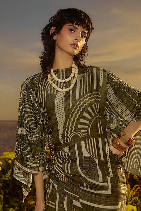 Nirmooha_Multi Color Muslin, Cotton Geometric Print Maxi Dress With Embroidered Sleeves _Online_at_Aza_Fashions