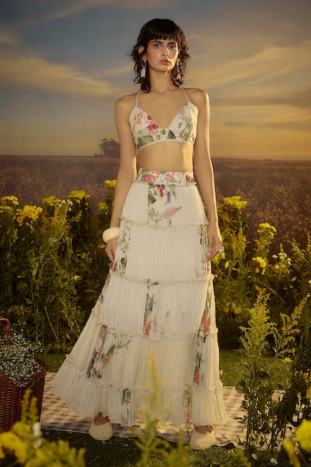 Nirmooha Blossom Printed Bralette With Tiered Skirt 