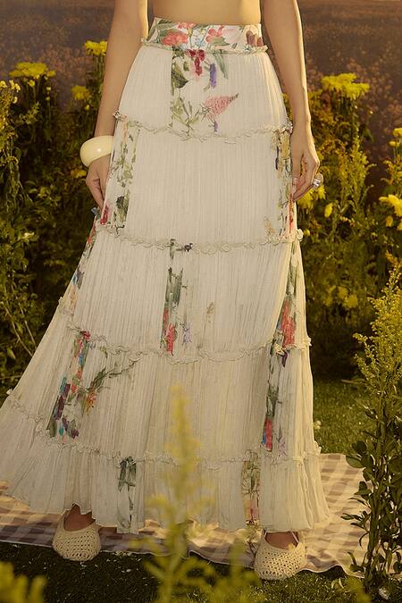 Buy_Nirmooha_White Chiffon Plunge Neck Blossom Printed Bralette With Tiered Skirt _Online_at_Aza_Fashions