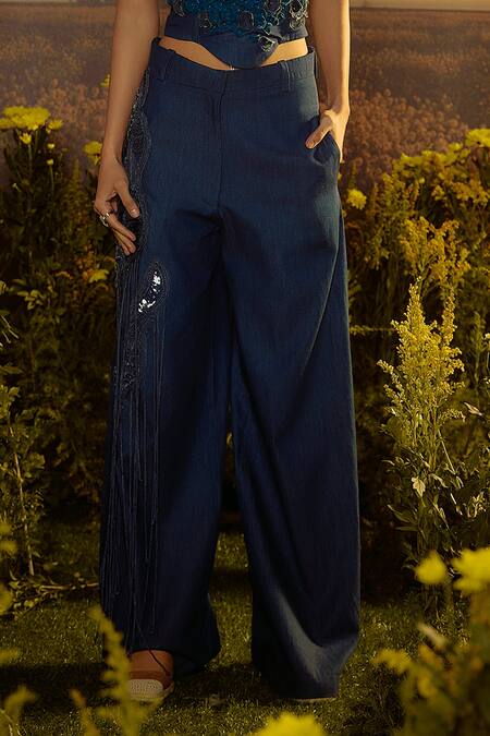 Nirmooha Blue Denim Applique, Beads, Embroidery Sweetheart Neck Floral Corset With Pant Online at Aza Fashions Nirmooha_Blue Denim Applique, Beads, Embroidery Sweetheart Neck Floral Corset With Pant _Online_at_Aza_Fashions