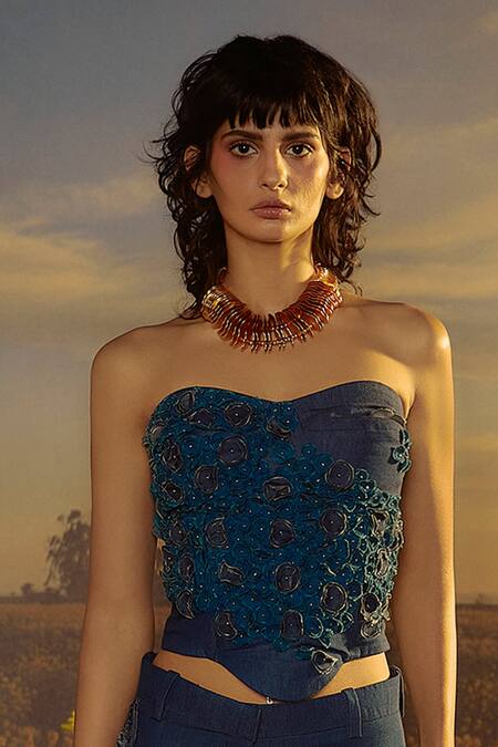 Buy Nirmooha Blue Denim Applique, Beads, Embroidery Sweetheart Neck Floral Corset With Pant Online at Aza Fashions Buy_Nirmooha_Blue Denim Applique, Beads, Embroidery Sweetheart Neck Floral Corset With Pant _Online_at_Aza_Fashions