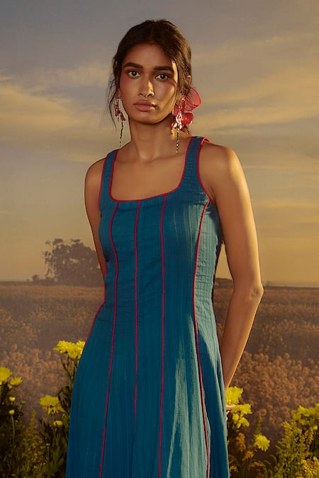 Nirmooha Blue Cotton Square Neck Twilight Tango Dress Online at Aza Fashions Nirmooha_Blue Cotton Square Neck Twilight Tango Dress _Online_at_Aza_Fashions