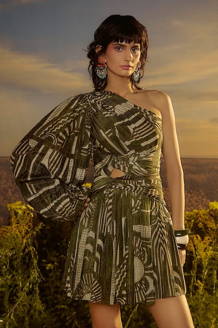 Nirmooha_Green Cotton One Shoulder Golden Hour Pleated Dress _Online_at_Aza_Fashions