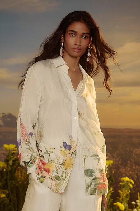 Nirmooha White Cotton Collared Sunny Meadow Shirt With Pant Online at Aza Fashions Nirmooha_White Cotton Collared Sunny Meadow Shirt With Pant _Online_at_Aza_Fashions