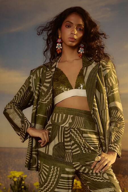 Shop_Nirmooha_Green Cotton Sequins, Embroidery V-neck Power Pose Blazer Set _Online_at_Aza_Fashions