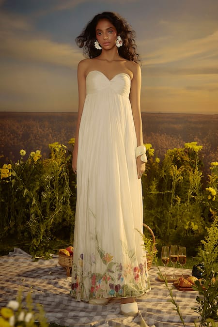 Nirmooha White Chiffon Embroidery Off-shoulder Breezy Bloom Flared Dress Online at Aza Fashions Nirmooha_White Chiffon Embroidery Off-shoulder Breezy Bloom Flared Dress _Online_at_Aza_Fashions