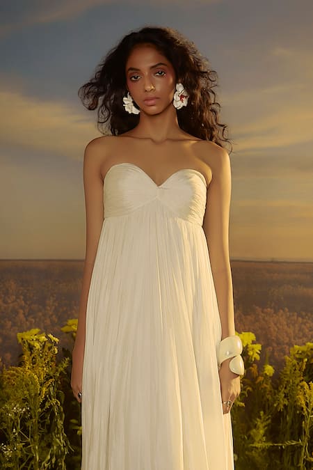 Buy Nirmooha White Chiffon Embroidery Off-shoulder Breezy Bloom Flared Dress Online at Aza Fashions Buy_Nirmooha_White Chiffon Embroidery Off-shoulder Breezy Bloom Flared Dress _Online_at_Aza_Fashions