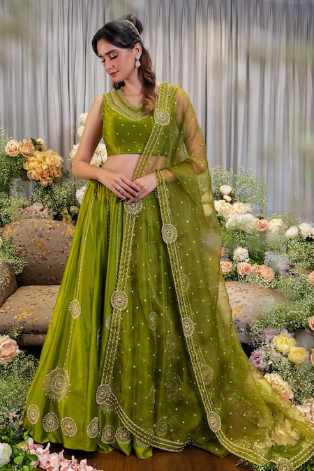 Sozenkari Green Pure Silk Chanderi Hand Embroidered Aari V Geometric Floral Lehenga Set 