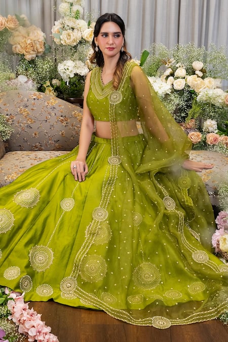 Sozenkari_Green , Organza, Chanderi Pearls, Geometric Floral Hand Lehenga Set _Online_at_Aza_Fashions