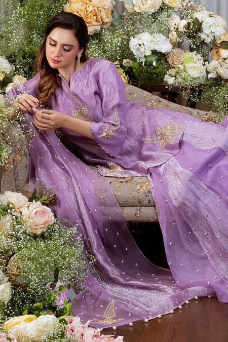 Sozenkari Purple Organza, Wool, Tissue Pearls, Floral Hand Embroidered Kurta Lehenga Set Online at Aza Fashions Sozenkari_Purple Organza, Wool, Tissue Pearls, Floral Hand Embroidered Kurta Lehenga Set _Online_at_Aza_Fashions