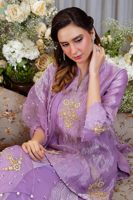 Buy Sozenkari Purple Organza, Wool, Tissue Pearls, Floral Hand Embroidered Kurta Lehenga Set Online at Aza Fashions Buy_Sozenkari_Purple Organza, Wool, Tissue Pearls, Floral Hand Embroidered Kurta Lehenga Set _Online_at_Aza_Fashions