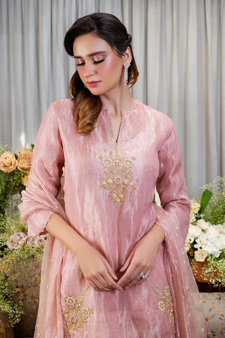 Sozenkari_Pink Organza, Jacquard, Crepe Cut Work, Pearls, Zari, Floral Hand Lehenga Set _Online_at_Aza_Fashions