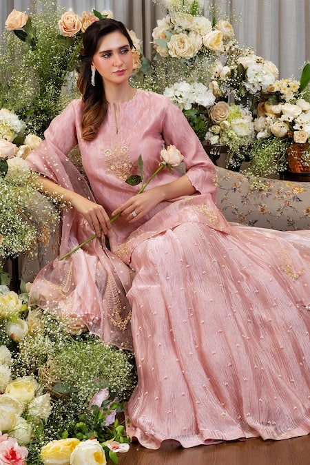 Buy_Sozenkari_Pink Organza, Jacquard, Crepe Cut Work, Pearls, Zari, Floral Hand Lehenga Set _Online_at_Aza_Fashions