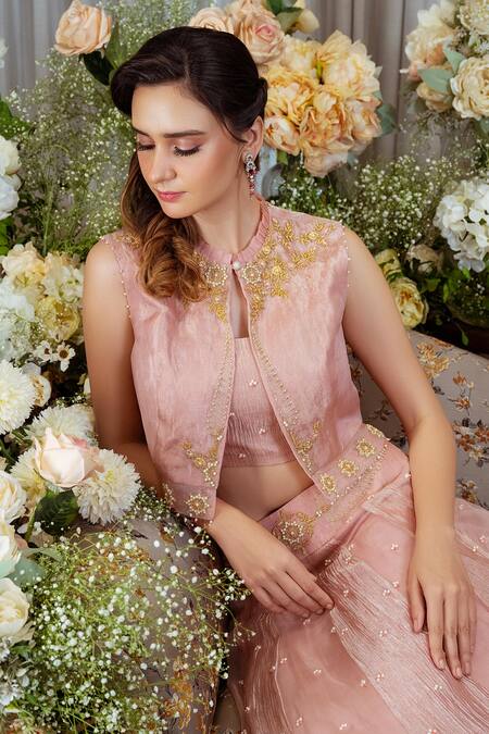 Buy_Sozenkari_Pink Organza, Jacquard Cut Work, Floral Hand Embroidered Lehenga Set With Jacket _Online_at_Aza_Fashions