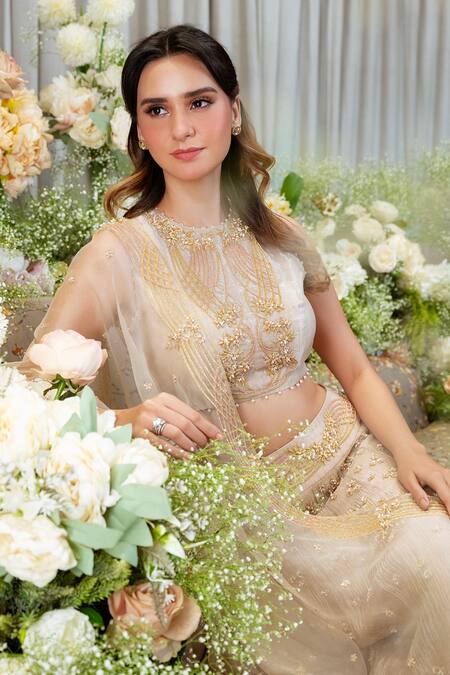 Sozenkari_Gold Organza, Jacquard Pearls, Beads, Zari Round Hand Embroidered Lehenga Set _Online_at_Aza_Fashions