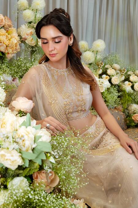 Buy_Sozenkari_Gold Organza, Jacquard Pearls, Beads, Zari Round Hand Embroidered Lehenga Set _Online_at_Aza_Fashions