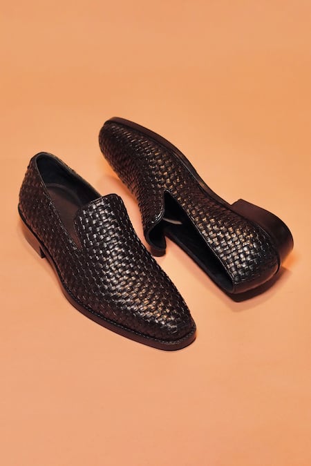 Shop_Dmodot_Black Handwoven Leather Loafers _at_Aza_Fashions