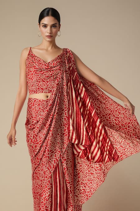 Gulabo By Abu Sandeep_Red Modal, Satin Bandhani Print Pre-draped Saree _Online_at_Aza_Fashions