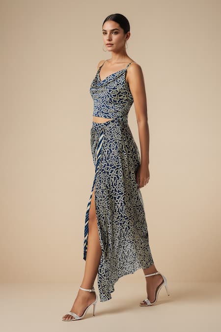 Gulabo By Abu Sandeep_Blue Modal, Satin Embroidery Bandhani Print Draped Skirt _Online_at_Aza_Fashions