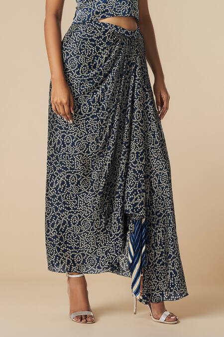Buy_Gulabo By Abu Sandeep_Blue Modal, Satin Embroidery Bandhani Print Draped Skirt _Online_at_Aza_Fashions