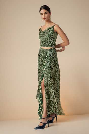 Gulabo By Abu Sandeep_Green Modal, Satin Bandhani Print Front Slit Skirt _Online_at_Aza_Fashions