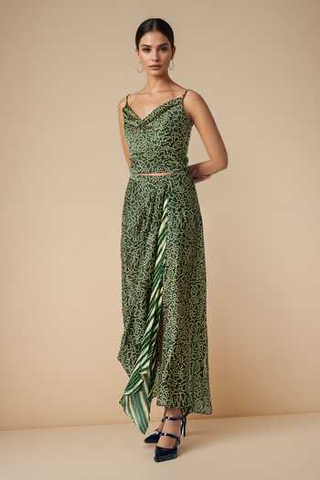 Shop_Gulabo By Abu Sandeep_Green Modal, Satin Bandhani Print Front Slit Skirt _Online_at_Aza_Fashions