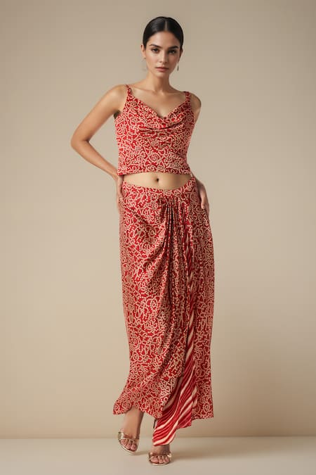 Gulabo By Abu Sandeep Red Modal Satin Printed Bandhani Front Slit Skirt 
