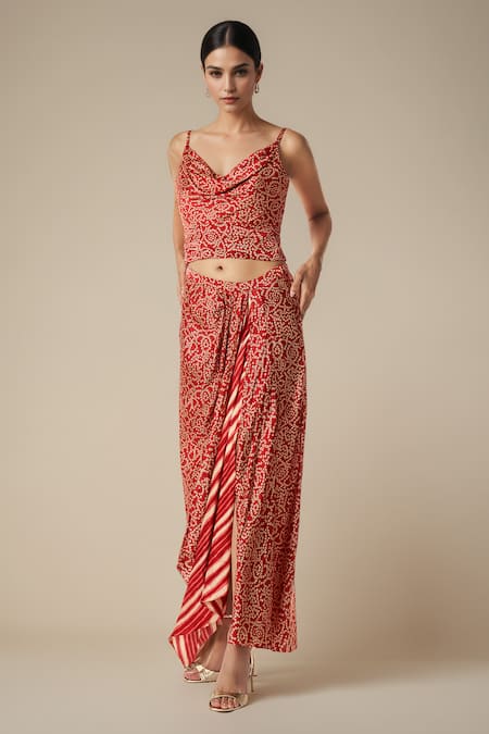 Gulabo By Abu Sandeep_Red Modal Satin Printed Bandhani Front Slit Skirt _Online_at_Aza_Fashions
