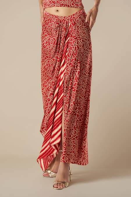 Buy_Gulabo By Abu Sandeep_Red Modal Satin Printed Bandhani Front Slit Skirt _Online_at_Aza_Fashions