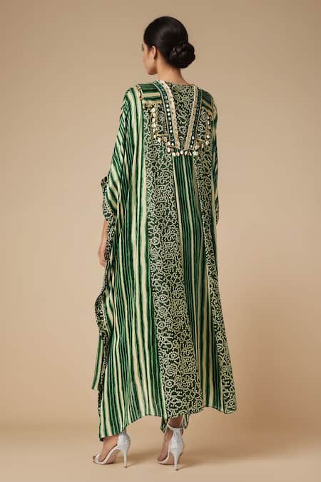 Shop_Gulabo By Abu Sandeep_Green Modal Satin Printed Bandhani Notched Asymmetric Kaftan _at_Aza_Fashions